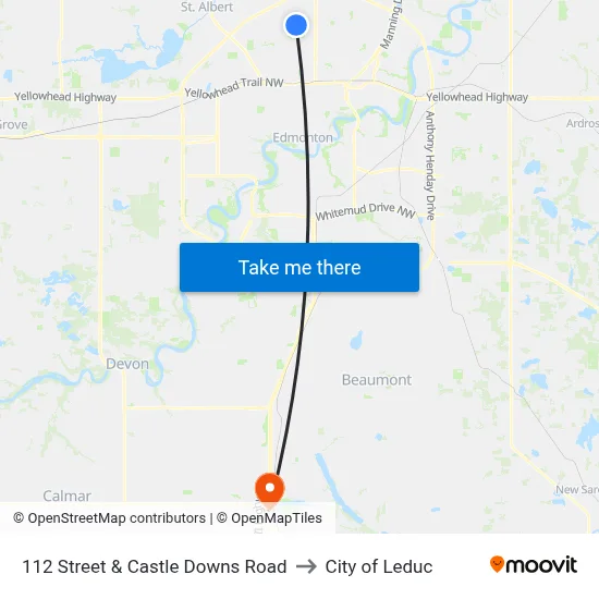112 Street & Castle Downs Road to City of Leduc map