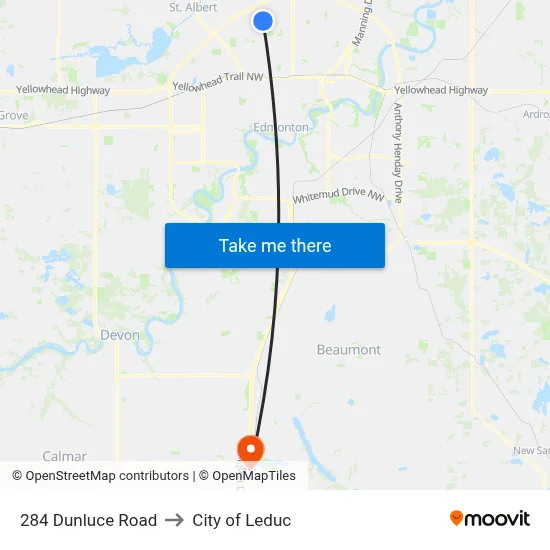 284 Dunluce Road to City of Leduc map