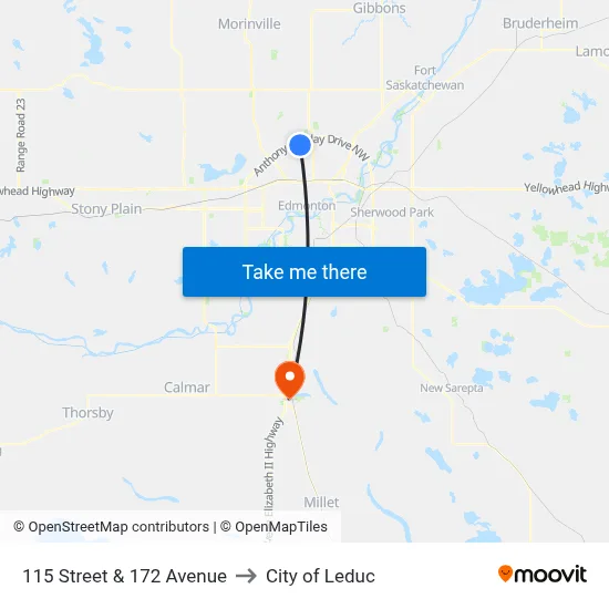 115 Street & 172 Avenue to City of Leduc map