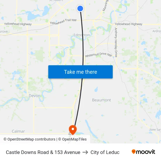 Castle Downs Road & 153 Avenue to City of Leduc map