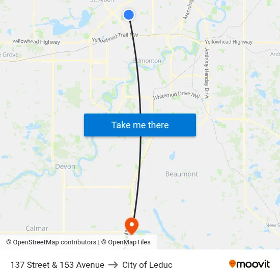 137 Street & 153 Avenue to City of Leduc map
