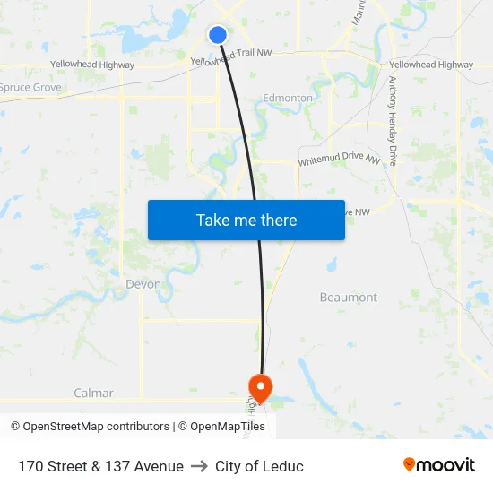 170 Street & 137 Avenue to City of Leduc map
