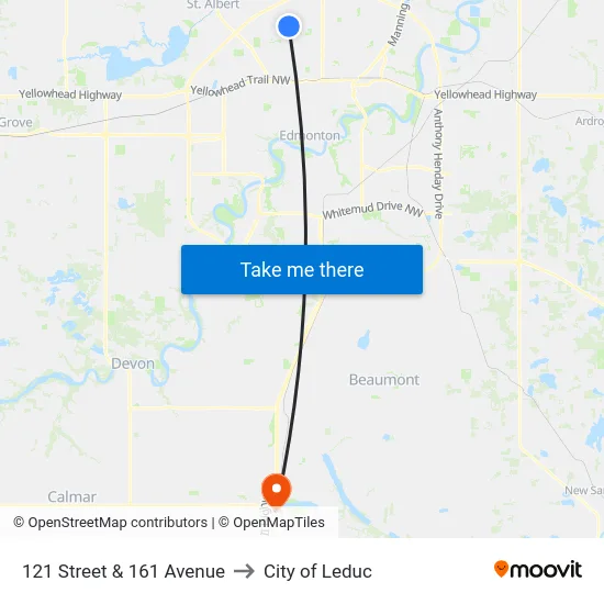 121 Street & 161 Avenue to City of Leduc map