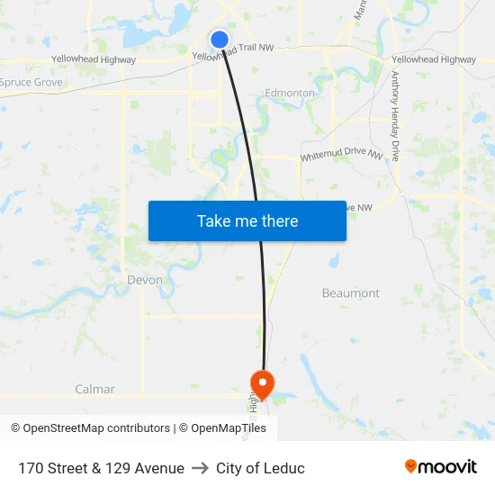 170 Street & 129 Avenue to City of Leduc map
