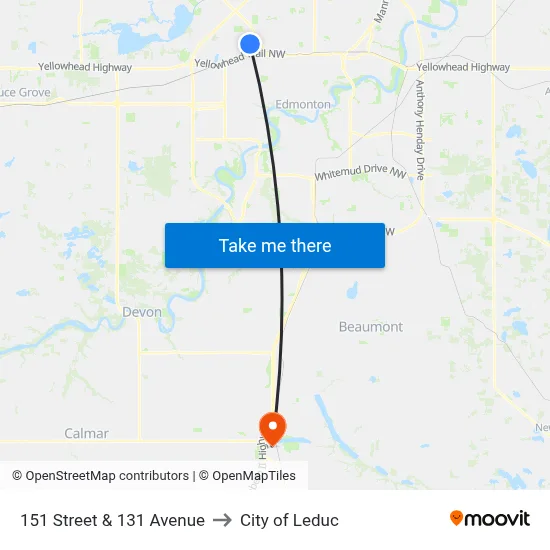 151 Street & 131 Avenue to City of Leduc map