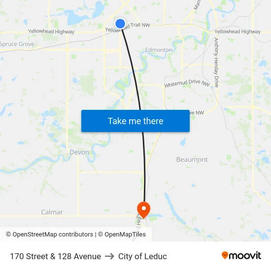 170 Street & 128 Avenue to City of Leduc map