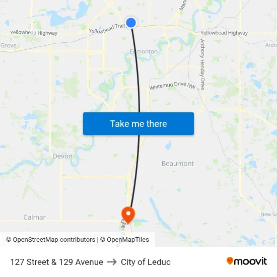127 Street & 129 Avenue to City of Leduc map