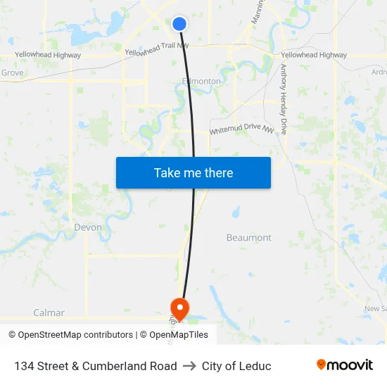 134 Street & Cumberland Road to City of Leduc map