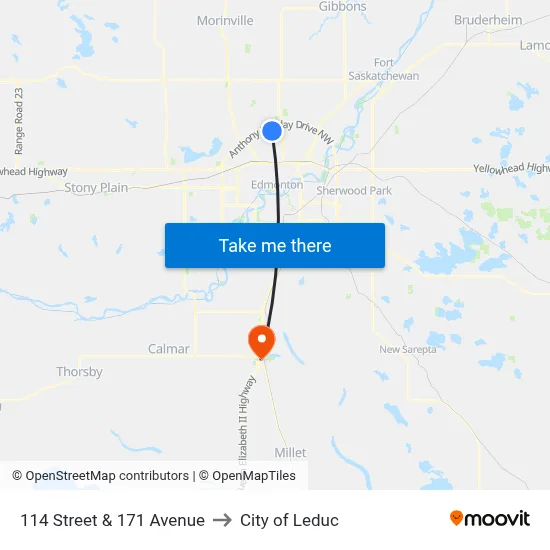 114 Street & 171 Avenue to City of Leduc map