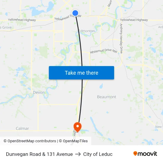 Dunvegan Road & 131 Avenue to City of Leduc map