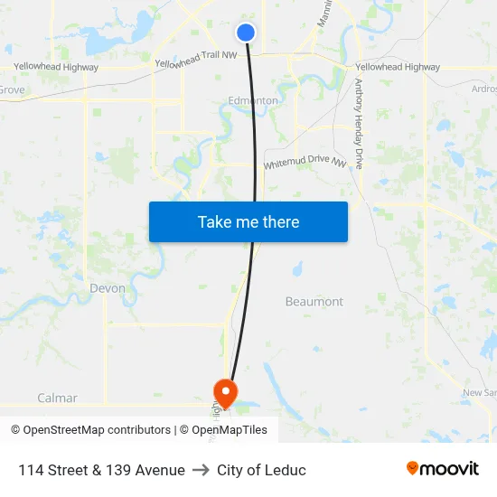 114 Street & 139 Avenue to City of Leduc map