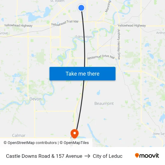 Castle Downs Road & 157 Avenue to City of Leduc map