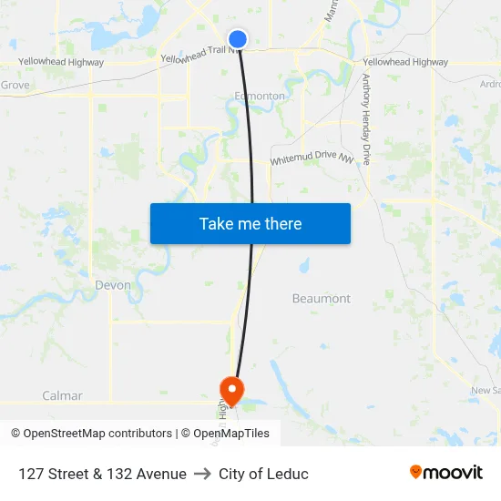 127 Street & 132 Avenue to City of Leduc map