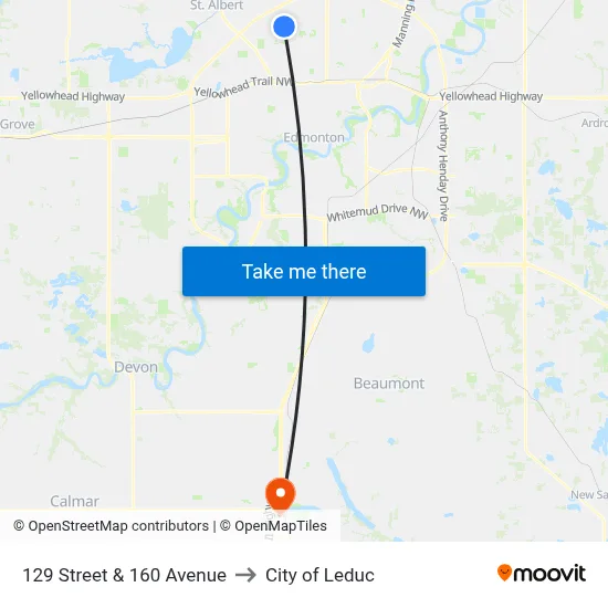129 Street & 160 Avenue to City of Leduc map