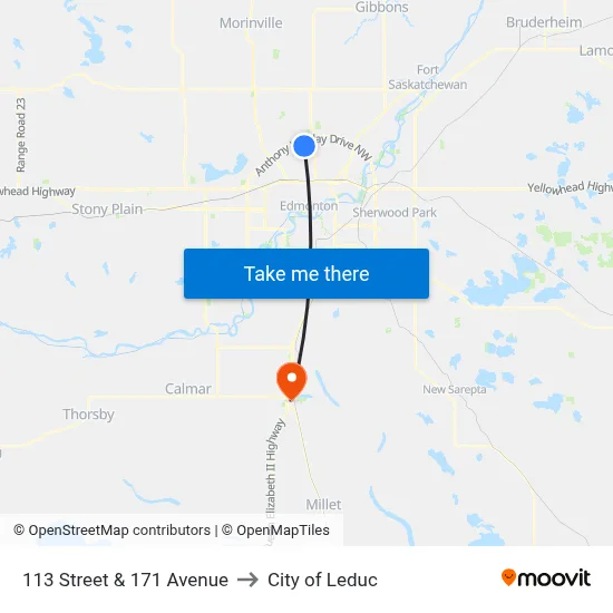 113 Street & 171 Avenue to City of Leduc map