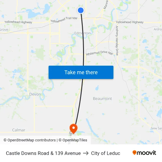 Castle Downs Road & 139 Avenue to City of Leduc map