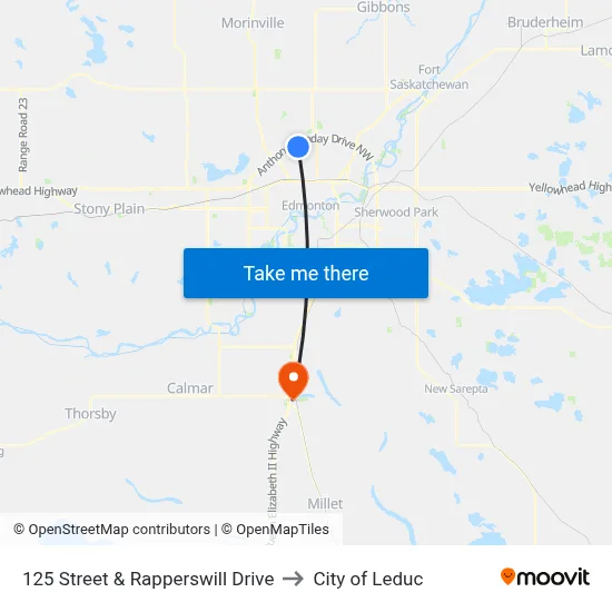 125 Street & Rapperswill Drive to City of Leduc map