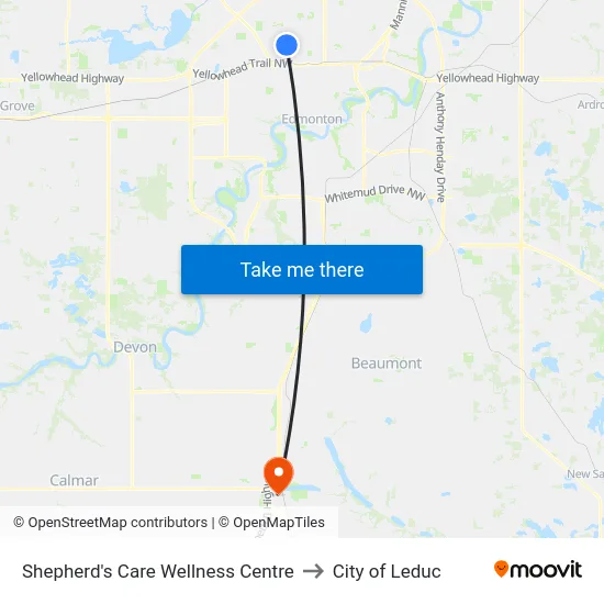 Shepherd's Care Wellness Centre to City of Leduc map