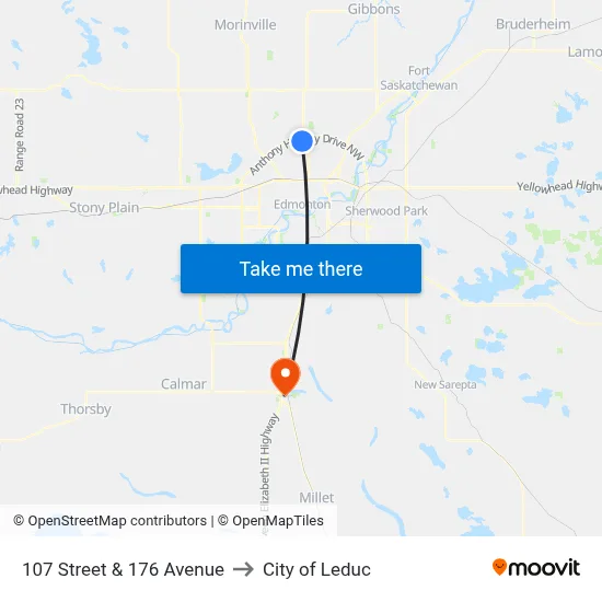 107 Street & 176 Avenue to City of Leduc map