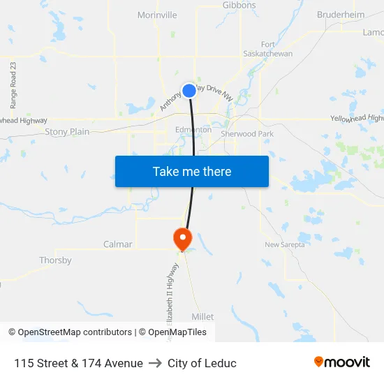 115 Street & 174 Avenue to City of Leduc map