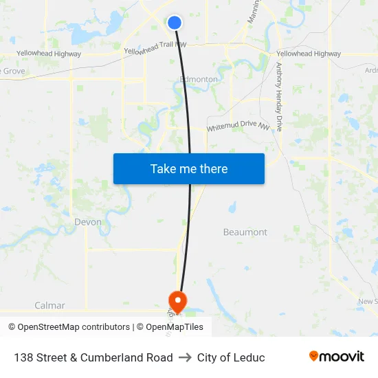 138 Street & Cumberland Road to City of Leduc map