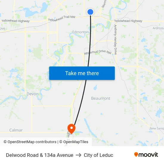 Delwood Road & 134a Avenue to City of Leduc map
