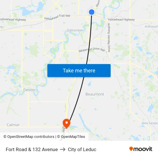 Fort Road & 132 Avenue to City of Leduc map