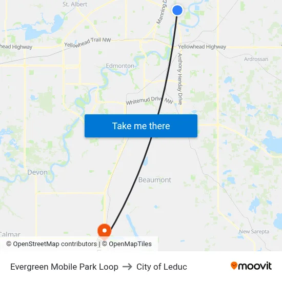 Evergreen Mobile Park Loop to City of Leduc map