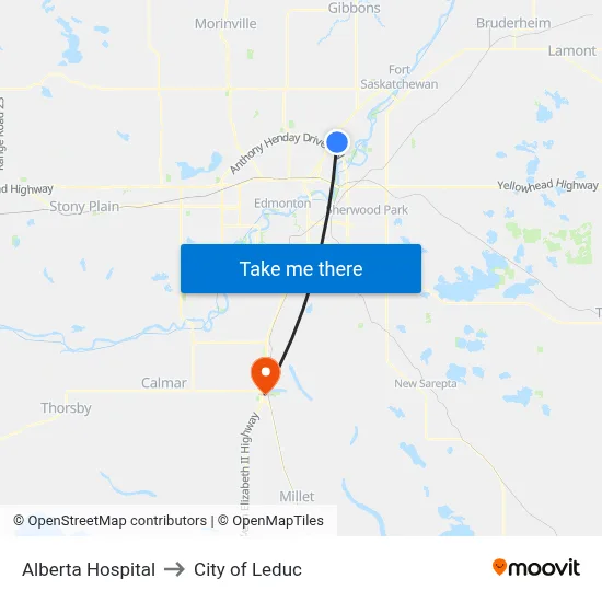 Alberta Hospital to City of Leduc map