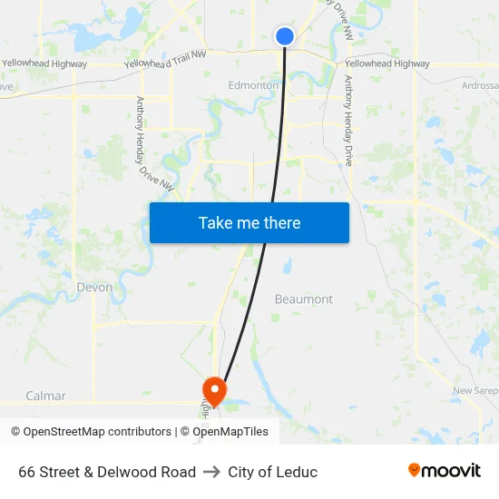 66 Street & Delwood Road to City of Leduc map