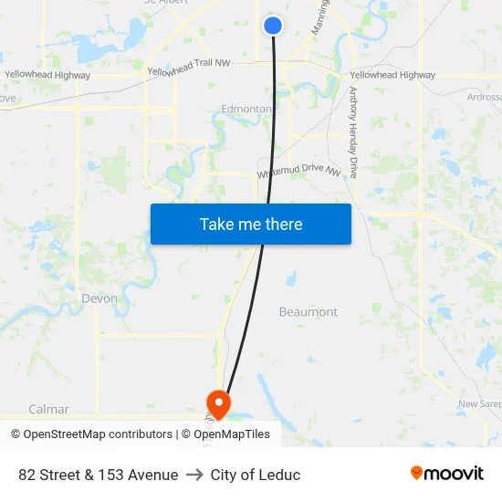 82 Street & 153 Avenue to City of Leduc map