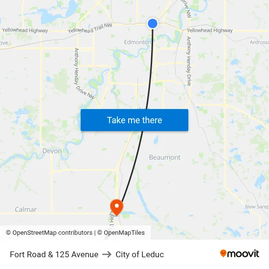 Fort Road & 125 Avenue to City of Leduc map