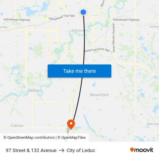 97 Street & 132 Avenue to City of Leduc map