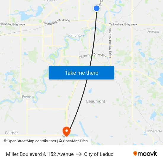 Miller Boulevard & 152 Avenue to City of Leduc map