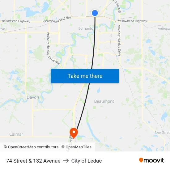 74 Street & 132 Avenue to City of Leduc map