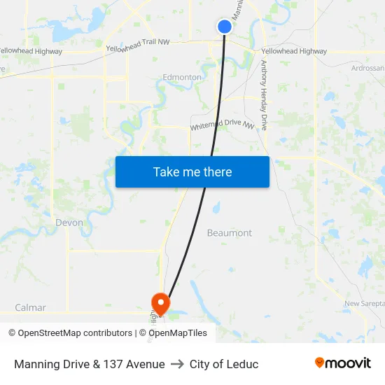 Manning Drive & 137 Avenue to City of Leduc map