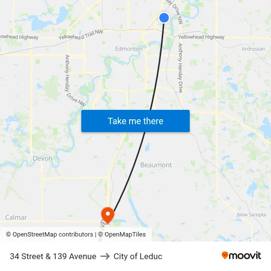 34 Street & 139 Avenue to City of Leduc map