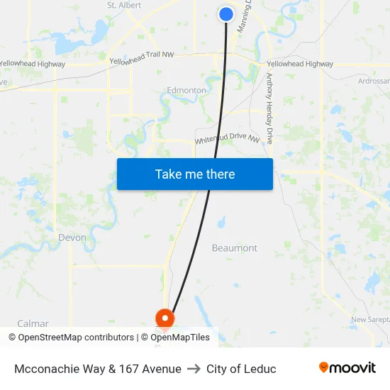 Mcconachie Way & 167 Avenue to City of Leduc map