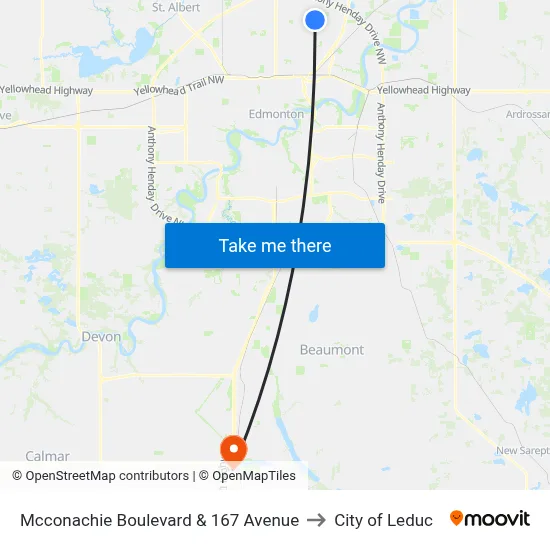 Mcconachie Boulevard & 167 Avenue to City of Leduc map