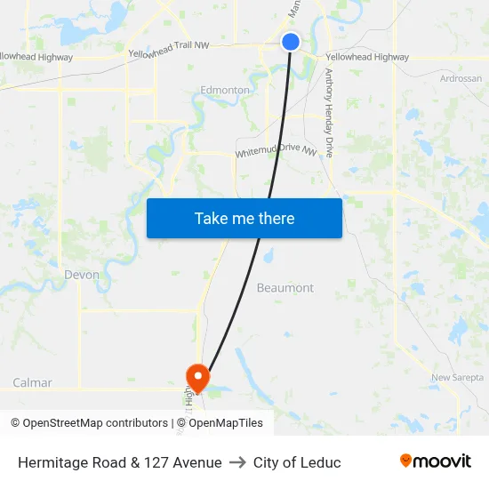 Hermitage Road & 127 Avenue to City of Leduc map