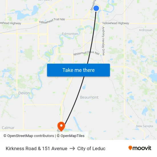Kirkness Road & 151 Avenue to City of Leduc map