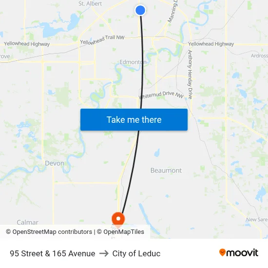95 Street & 165 Avenue to City of Leduc map