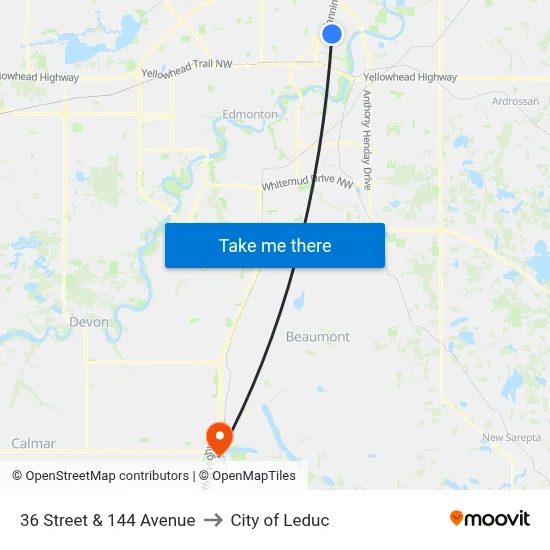 36 Street & 144 Avenue to City of Leduc map