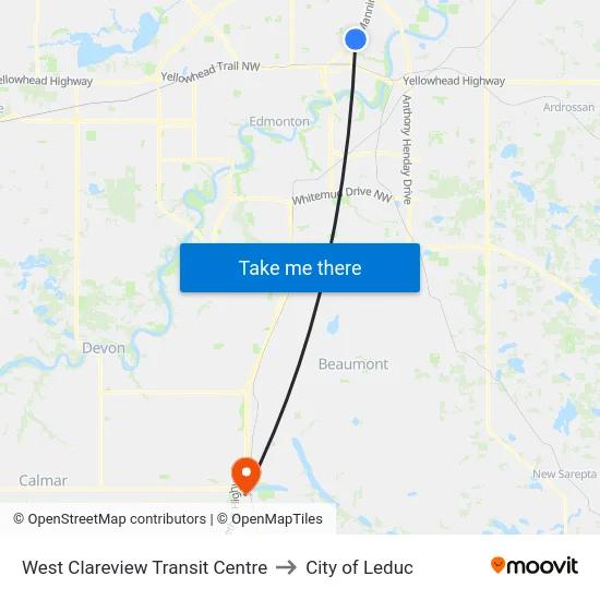 West Clareview Transit Centre to City of Leduc map