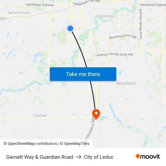 Garnett Way & Guardian Road to City of Leduc map