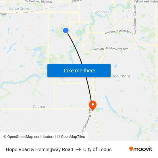 Hope Road & Hemingway Road to City of Leduc map