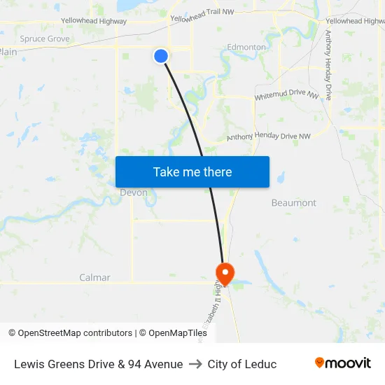 Lewis Greens Drive & 94 Avenue to City of Leduc map