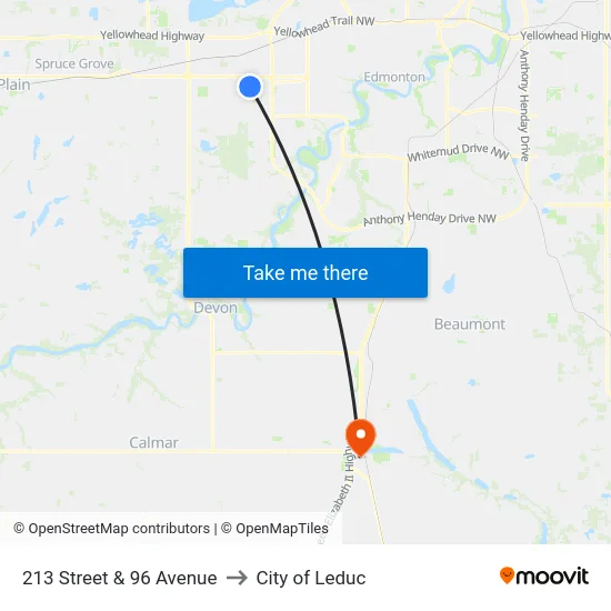 213 Street & 96 Avenue to City of Leduc map