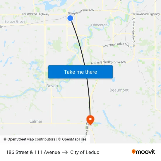 186 Street & 111 Avenue to City of Leduc map