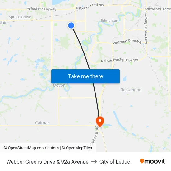 Webber Greens Drive & 92a Avenue to City of Leduc map